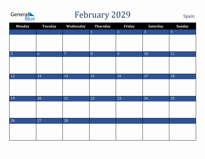 February 2029 Spain Calendar (Monday Start)