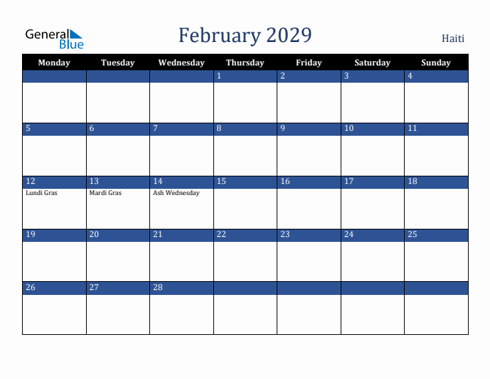 February 2029 Haiti Calendar (Monday Start)