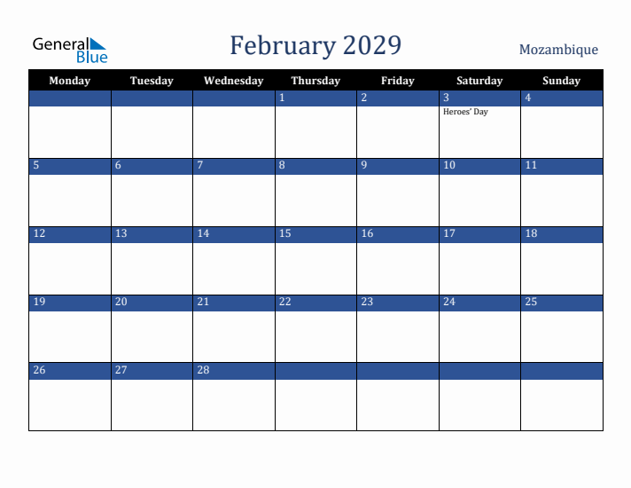 February 2029 Mozambique Calendar (Monday Start)