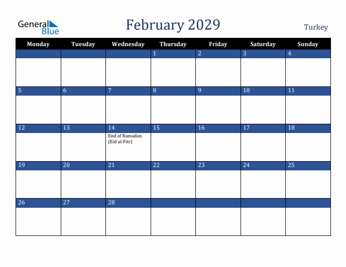 February 2029 Turkey Calendar (Monday Start)