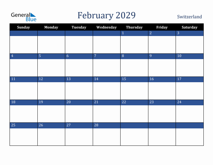 February 2029 Switzerland Calendar (Sunday Start)