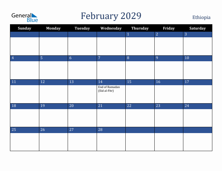 February 2029 Ethiopia Calendar (Sunday Start)