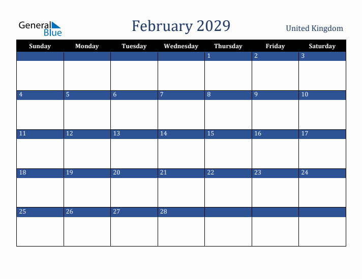 February 2029 United Kingdom Calendar (Sunday Start)