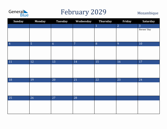 February 2029 Mozambique Calendar (Sunday Start)