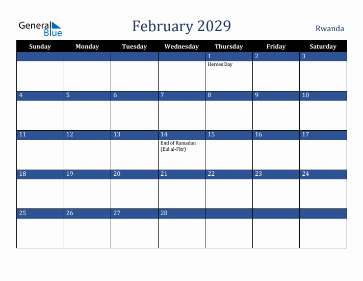 February 2029 Rwanda Calendar (Sunday Start)