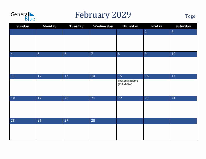 February 2029 Togo Calendar (Sunday Start)