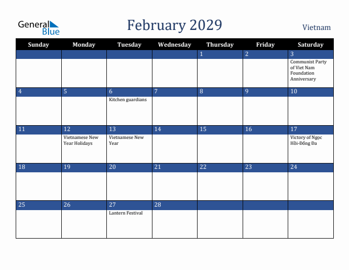 February 2029 Vietnam Calendar (Sunday Start)