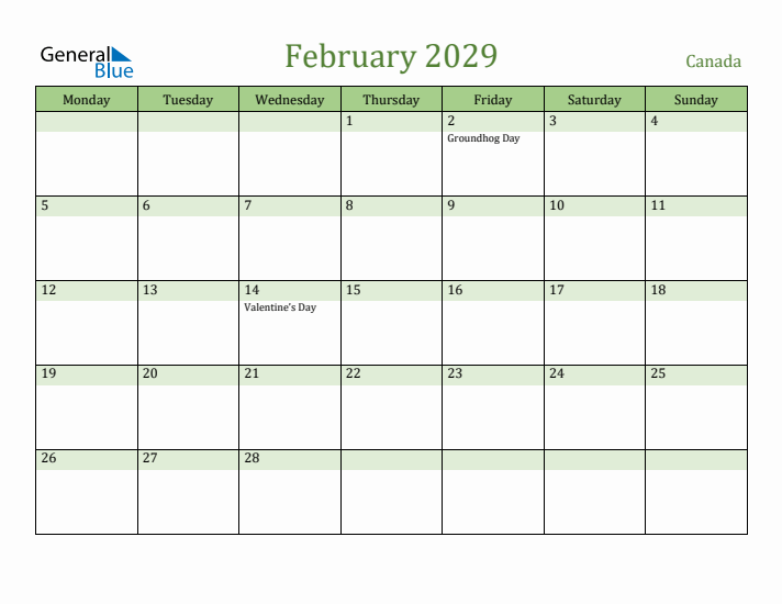 February 2029 Calendar with Canada Holidays