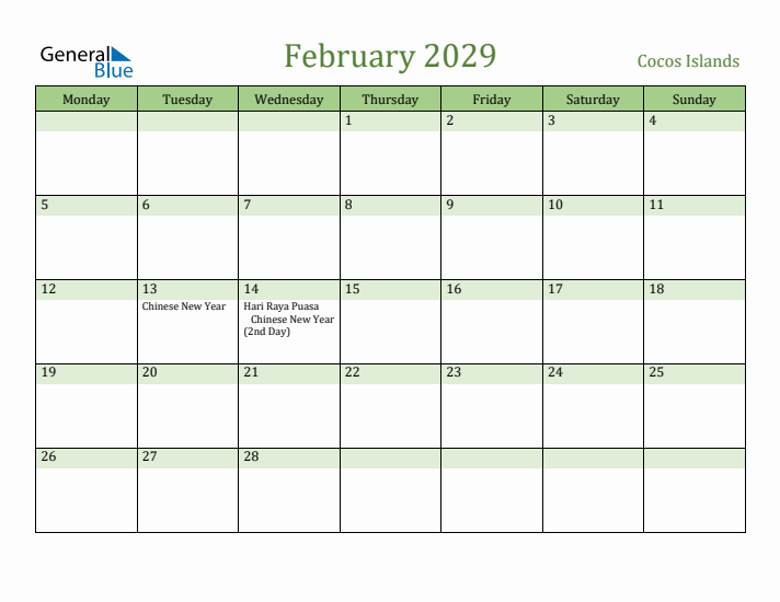 February 2029 Calendar with Cocos Islands Holidays