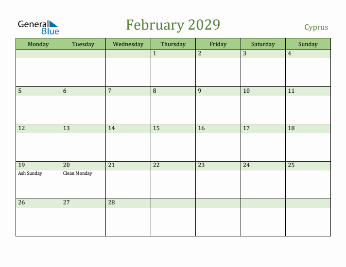 February 2029 Calendar with Cyprus Holidays