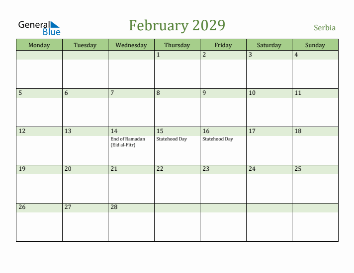 February 2029 Calendar with Serbia Holidays