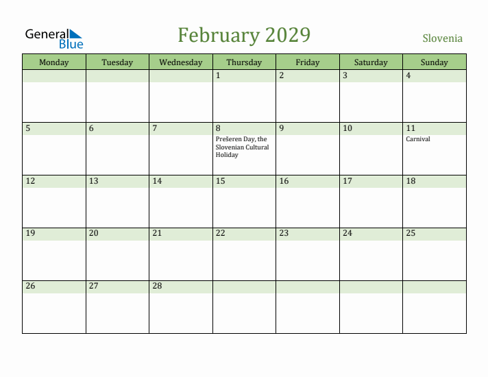 February 2029 Calendar with Slovenia Holidays