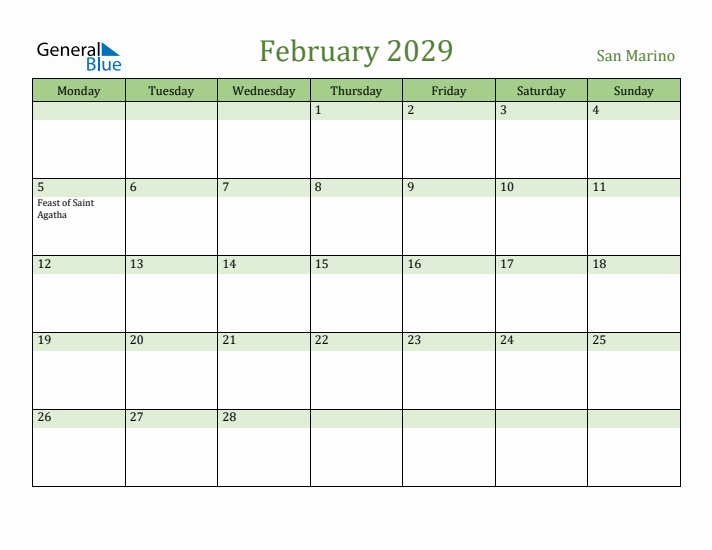 February 2029 Calendar with San Marino Holidays