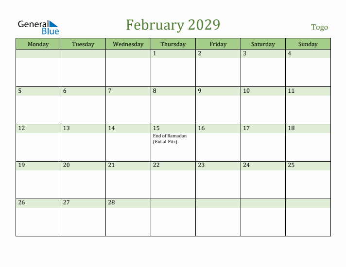 February 2029 Calendar with Togo Holidays