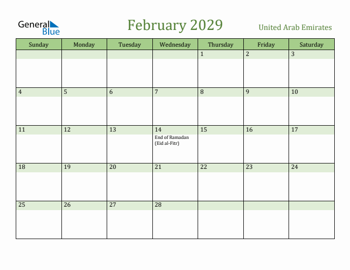 February 2029 Calendar with United Arab Emirates Holidays