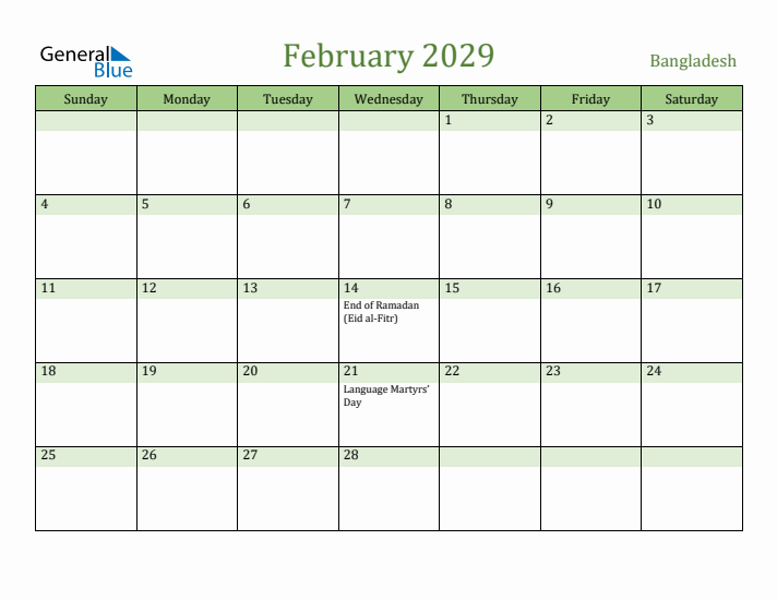 February 2029 Calendar with Bangladesh Holidays