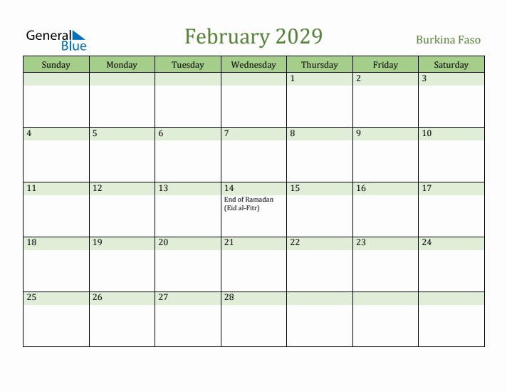 February 2029 Calendar with Burkina Faso Holidays