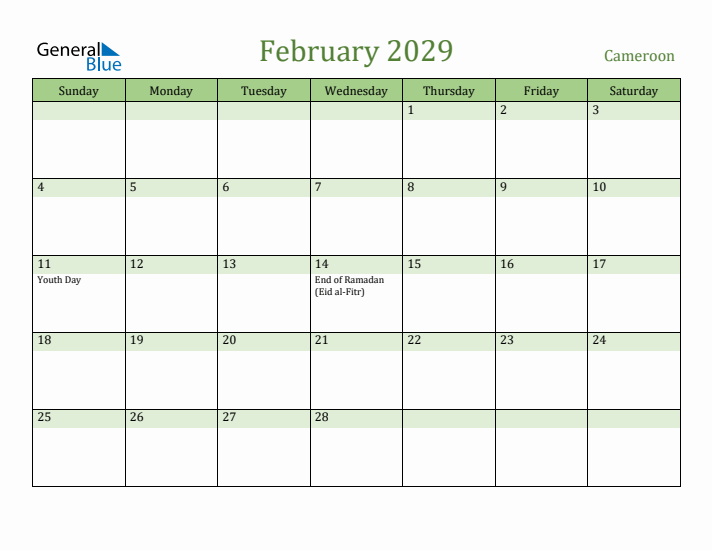 February 2029 Calendar with Cameroon Holidays