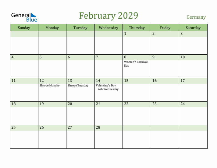 February 2029 Calendar with Germany Holidays