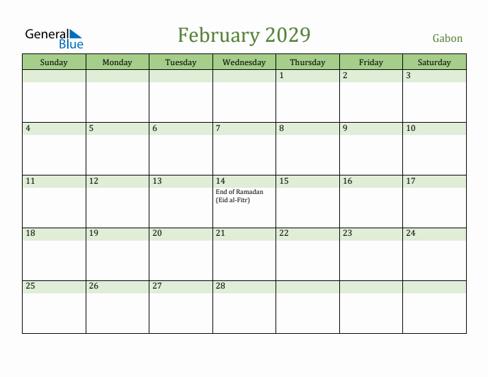 February 2029 Calendar with Gabon Holidays