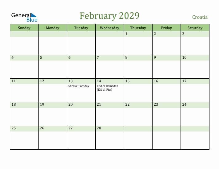 February 2029 Calendar with Croatia Holidays