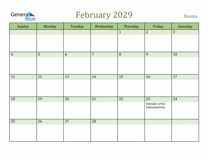 February 2029 Calendar with Russia Holidays