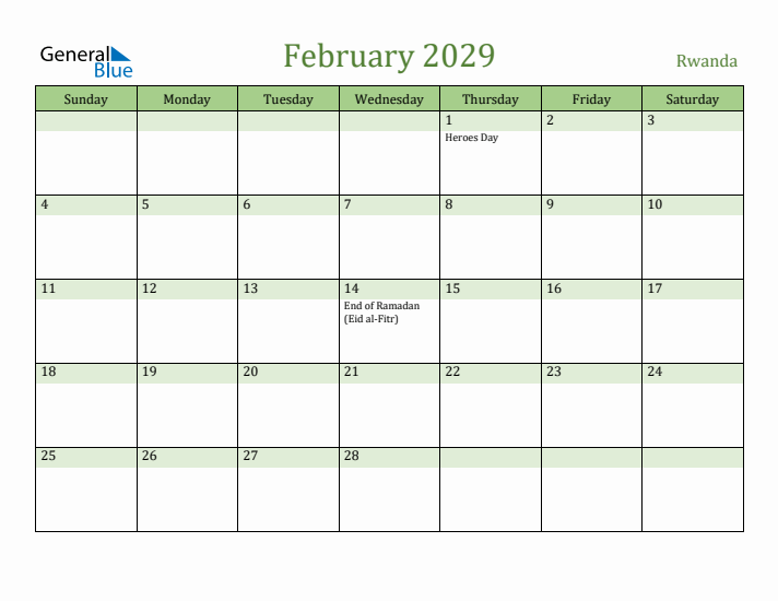 February 2029 Calendar with Rwanda Holidays