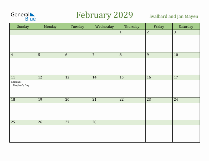 February 2029 Calendar with Svalbard and Jan Mayen Holidays