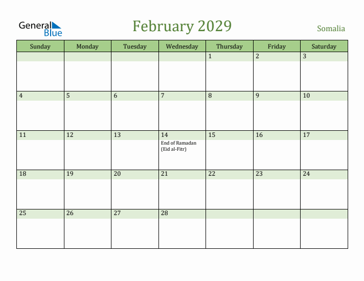 February 2029 Calendar with Somalia Holidays