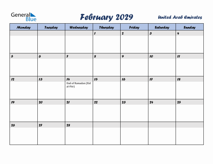 February 2029 Calendar with Holidays in United Arab Emirates