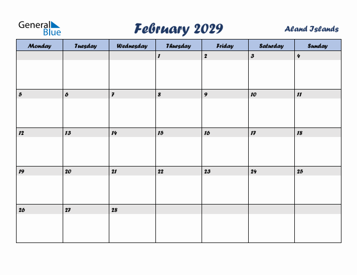 February 2029 Calendar with Holidays in Aland Islands