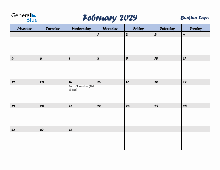 February 2029 Calendar with Holidays in Burkina Faso