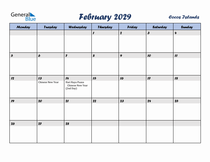 February 2029 Calendar with Holidays in Cocos Islands