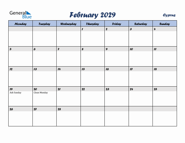 February 2029 Calendar with Holidays in Cyprus