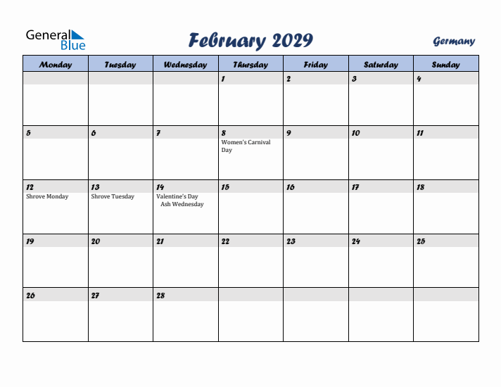 February 2029 Calendar with Holidays in Germany