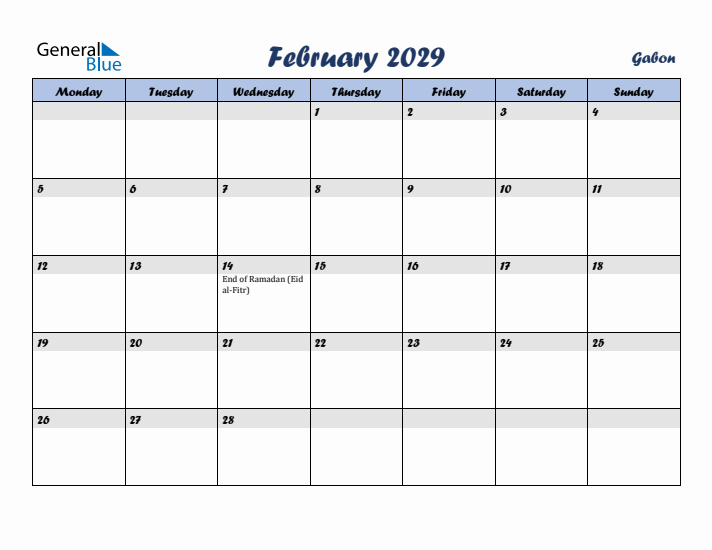 February 2029 Calendar with Holidays in Gabon