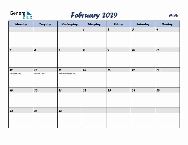 February 2029 Calendar with Holidays in Haiti