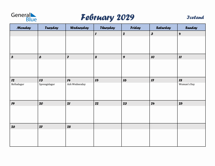 February 2029 Calendar with Holidays in Iceland