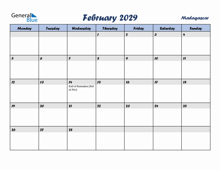 February 2029 Calendar with Holidays in Madagascar