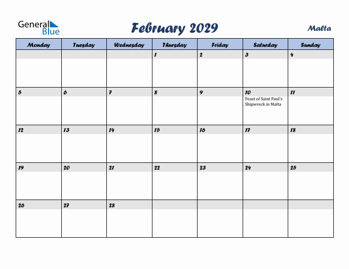 February 2029 Calendar with Holidays in Malta