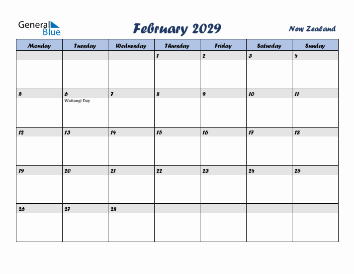 February 2029 Calendar with Holidays in New Zealand