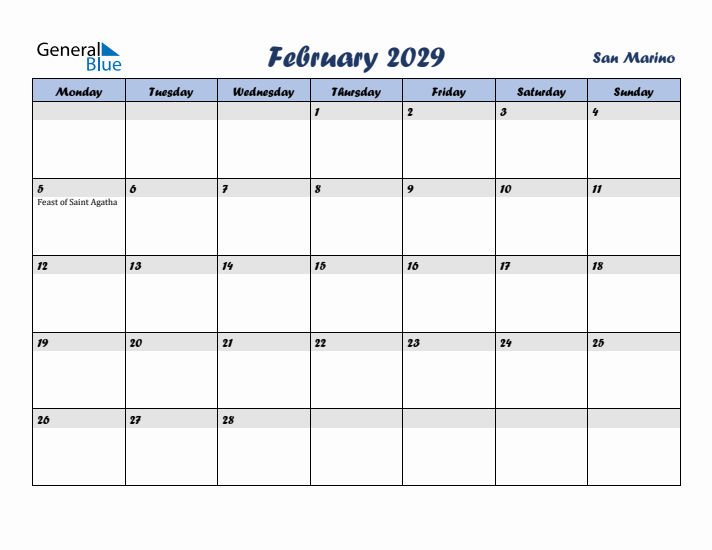 February 2029 Calendar with Holidays in San Marino