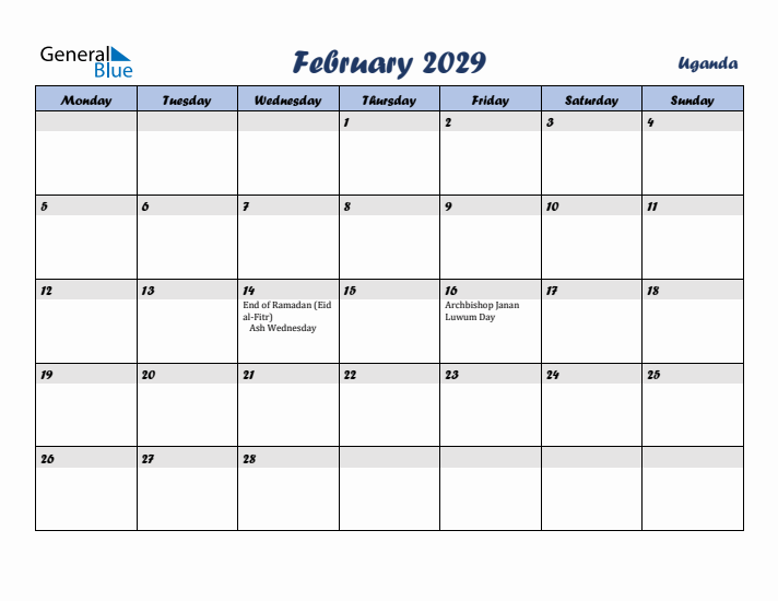 February 2029 Calendar with Holidays in Uganda