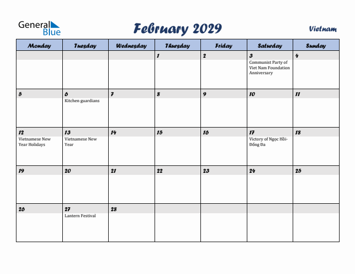 February 2029 Calendar with Holidays in Vietnam