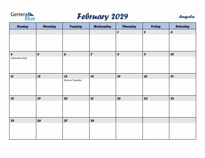 February 2029 Calendar with Holidays in Angola