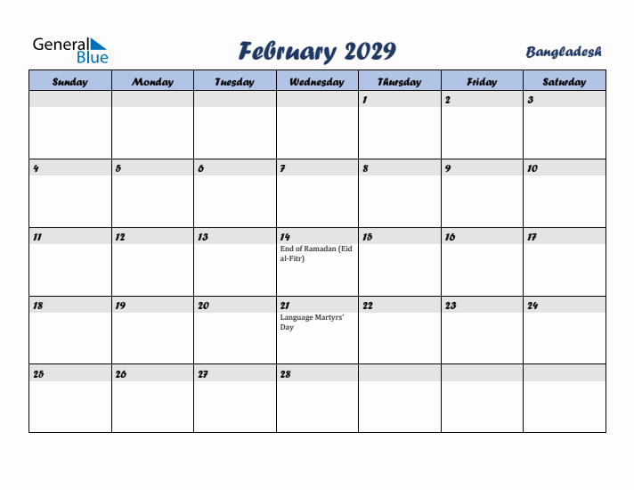 February 2029 Calendar with Holidays in Bangladesh