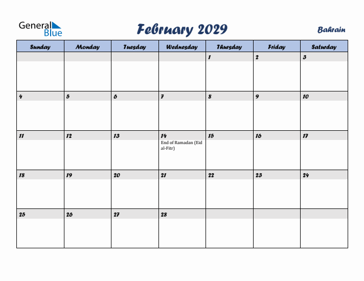 February 2029 Calendar with Holidays in Bahrain