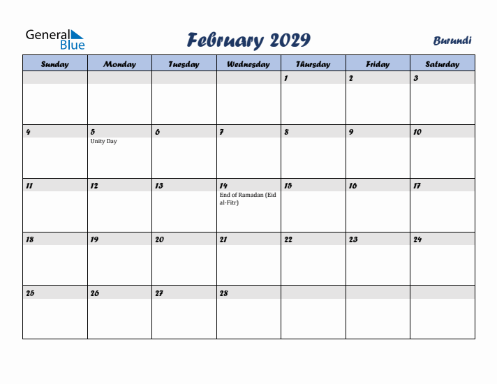 February 2029 Calendar with Holidays in Burundi