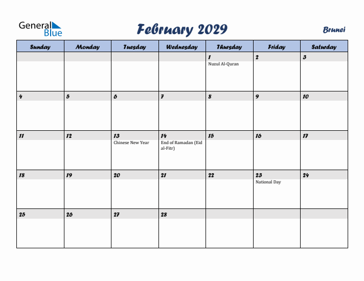 February 2029 Calendar with Holidays in Brunei