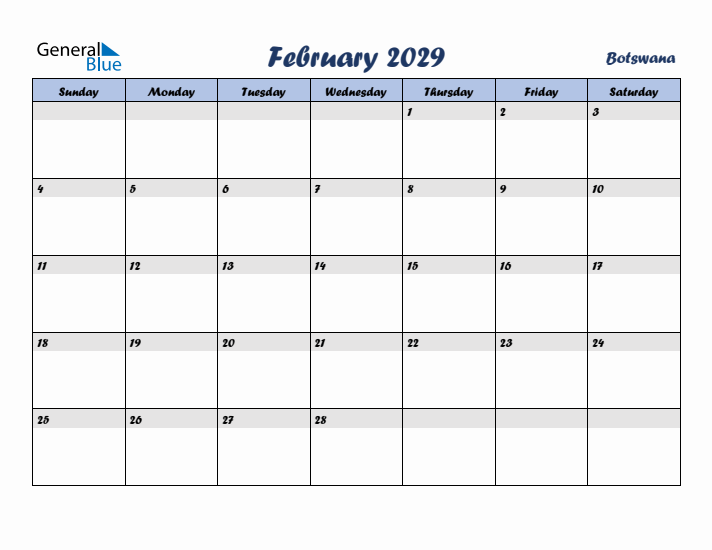 February 2029 Calendar with Holidays in Botswana